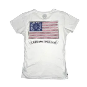 Beyaz Chrome Hearts Usa Bayrak Arka Baskılı Tişört