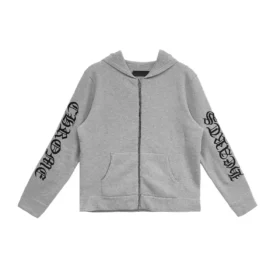 Chrome Hearts Fermuarlı Kapüşonlu Kazak Kaşmir İşlemeli Gri