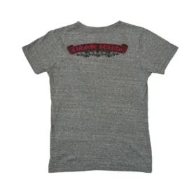 Chrome Hearts V Yaka Arka Baskılı Gri/Kırmızı Tişört